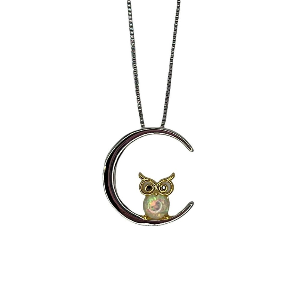 Opal Owl Sitting in Crescent Moon Necklace Charm with Chain 10 in Animal Lovers